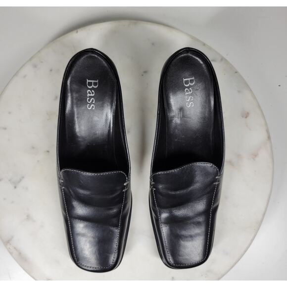 VTG Bass Artist Mules Womens 6 Black Leather Slip On Square Toe Block Heel 2003 - Picture 8 of 16